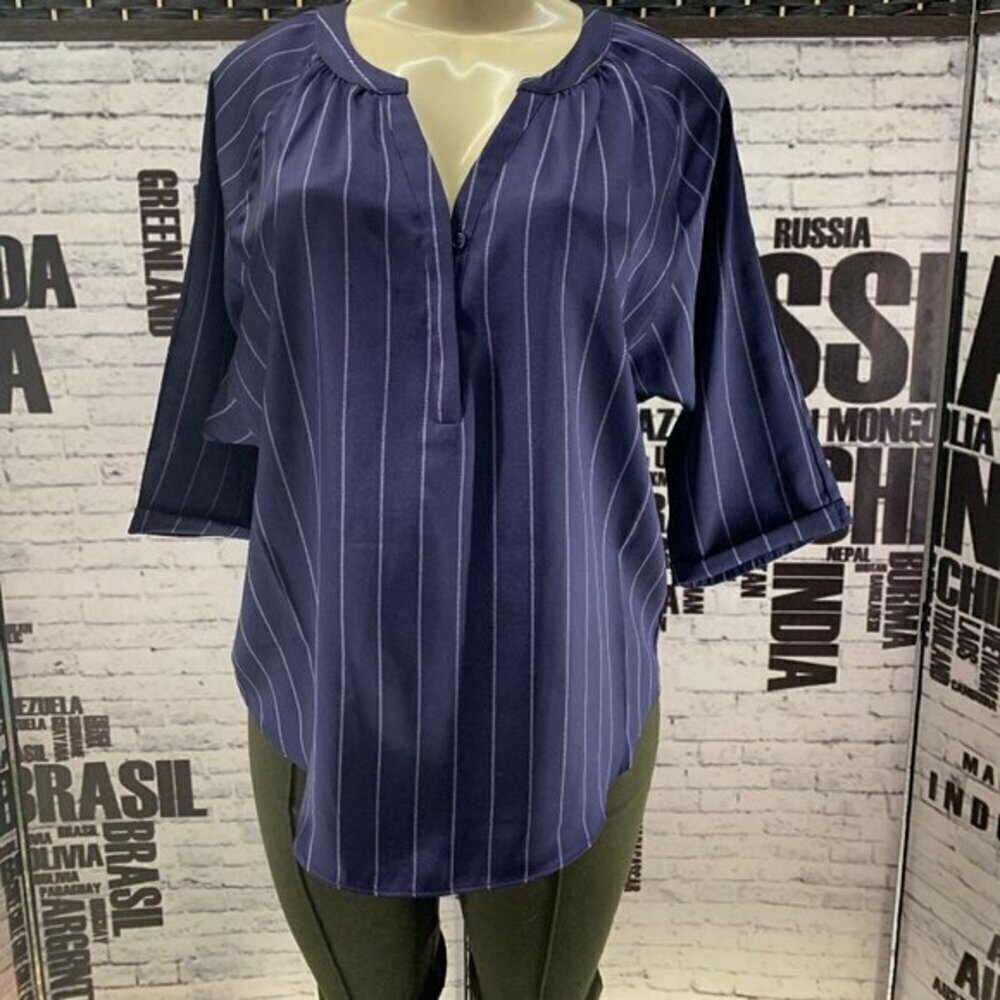 Sioni L Navy Striped Split Neck Dolman Sleeve Top